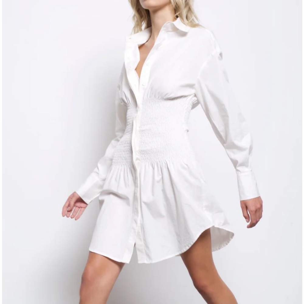 NWT Amy Lynn Smocked Long Sleeve Shirtdress - White Sz L.Office Siren Vacation